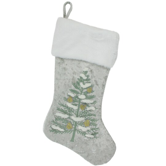 Dyno; Dyno 19.5" Snow Covered Green Tree Gray Christmas Stocking with White Cuff; Category:Christmas Stocking Holders; Image:1
